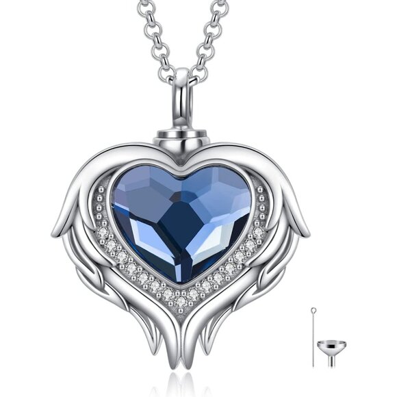 925 Sterling Silver Angel Wing Heart Cremation Urn Necklace Holds Loved Ones Ash